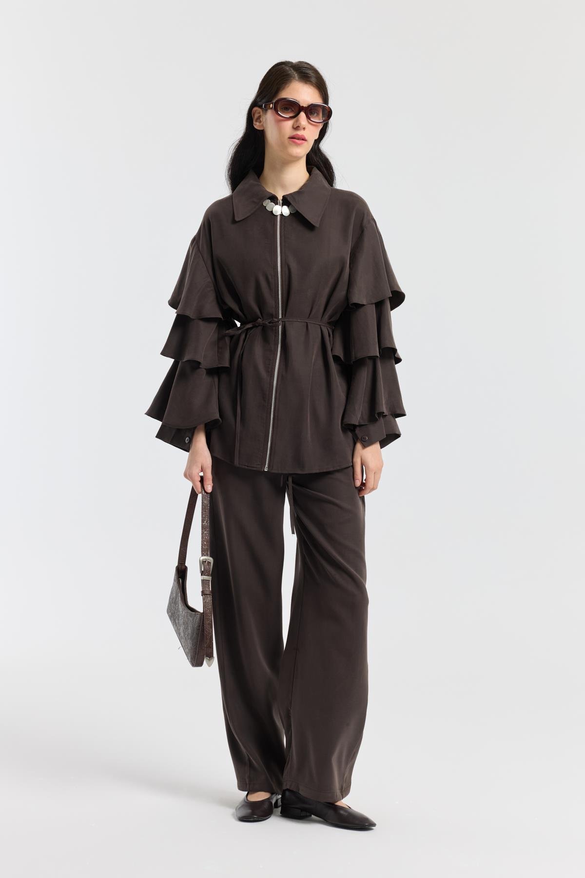 Rosalie Modal Fırfırlı Takım - Acı kahve