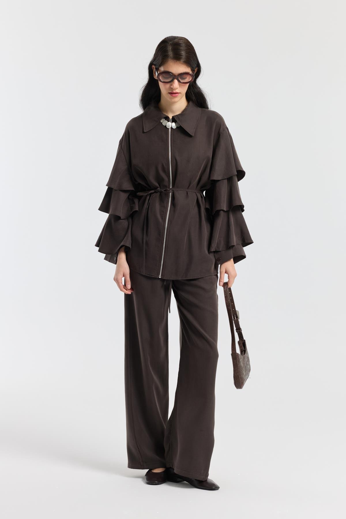 Rosalie Modal Fırfırlı Takım - Acı kahve