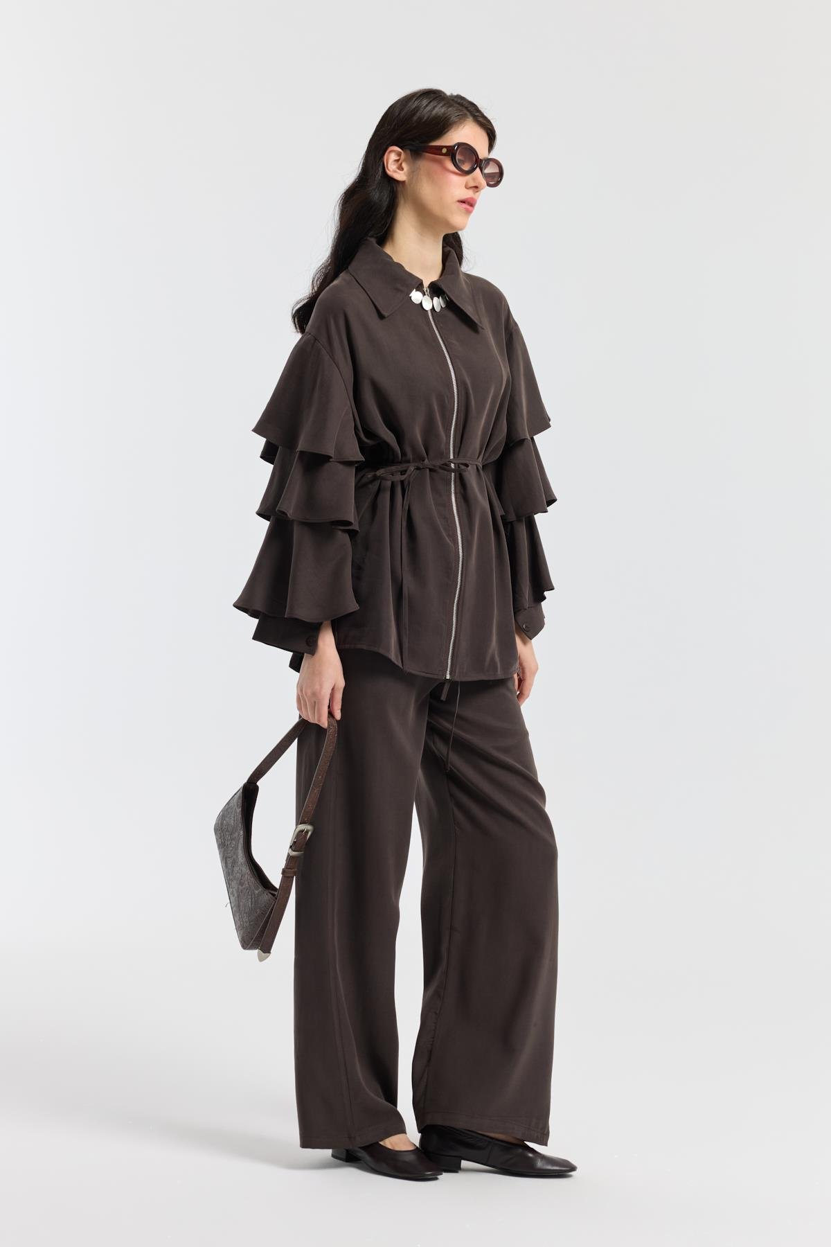 Rosalie Modal Fırfırlı Takım - Acı kahve