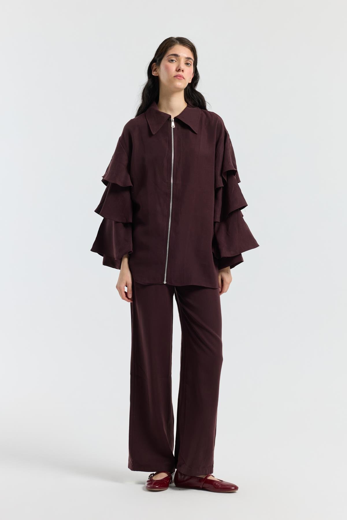 Rosalie Modal Fırfırlı Takım -Mürdüm