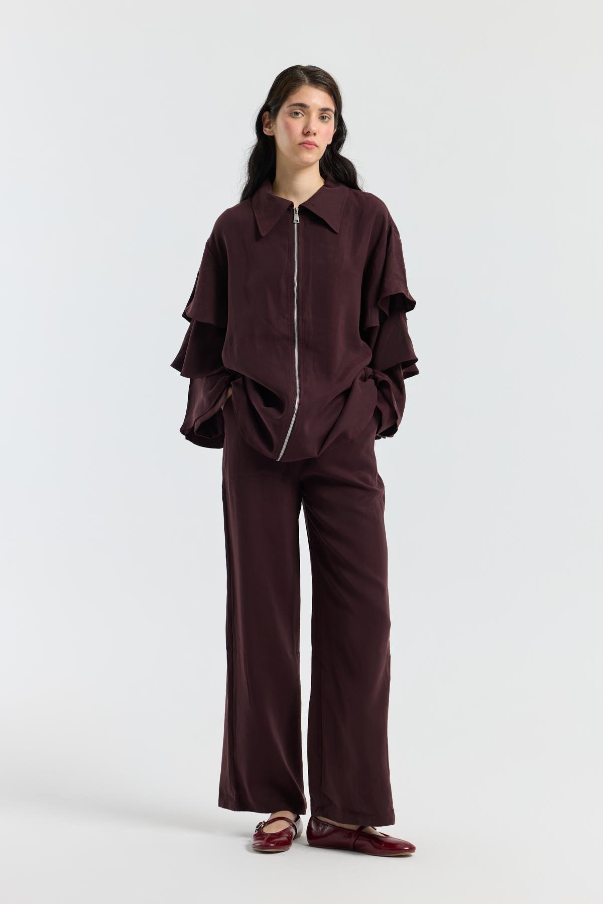 Rosalie Modal Fırfırlı Takım -Mürdüm