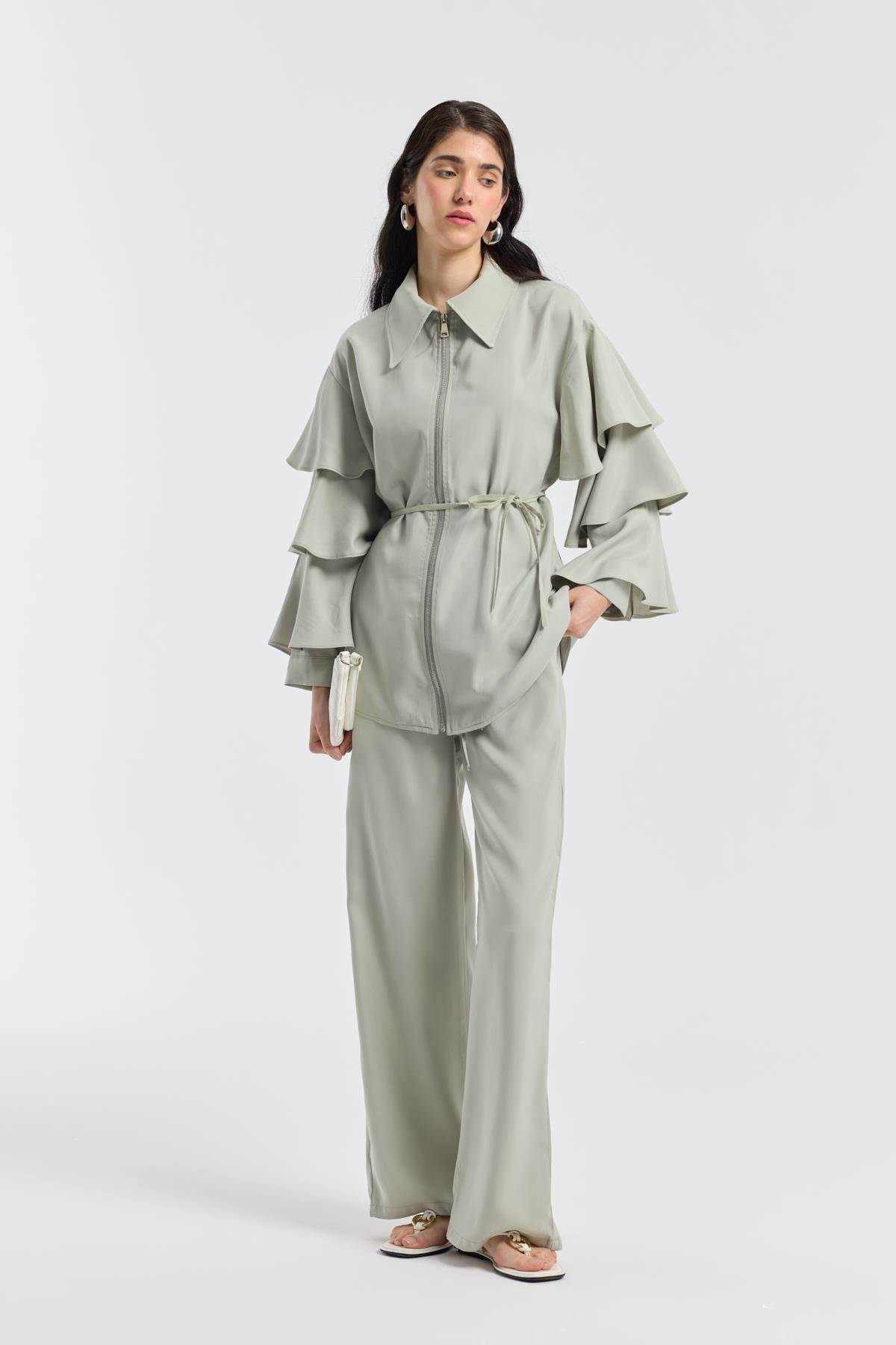 Rosalie Modal Fırfırlı Takım - Taş