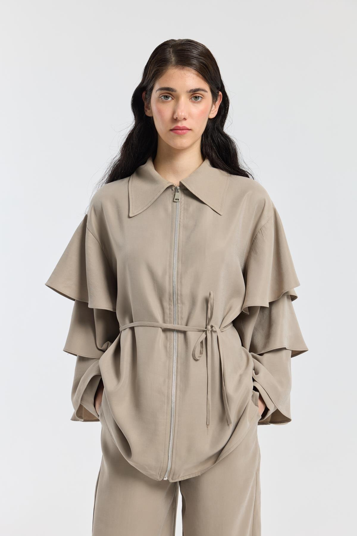 Rosalie Modal Fırfırlı Takım - Vizon