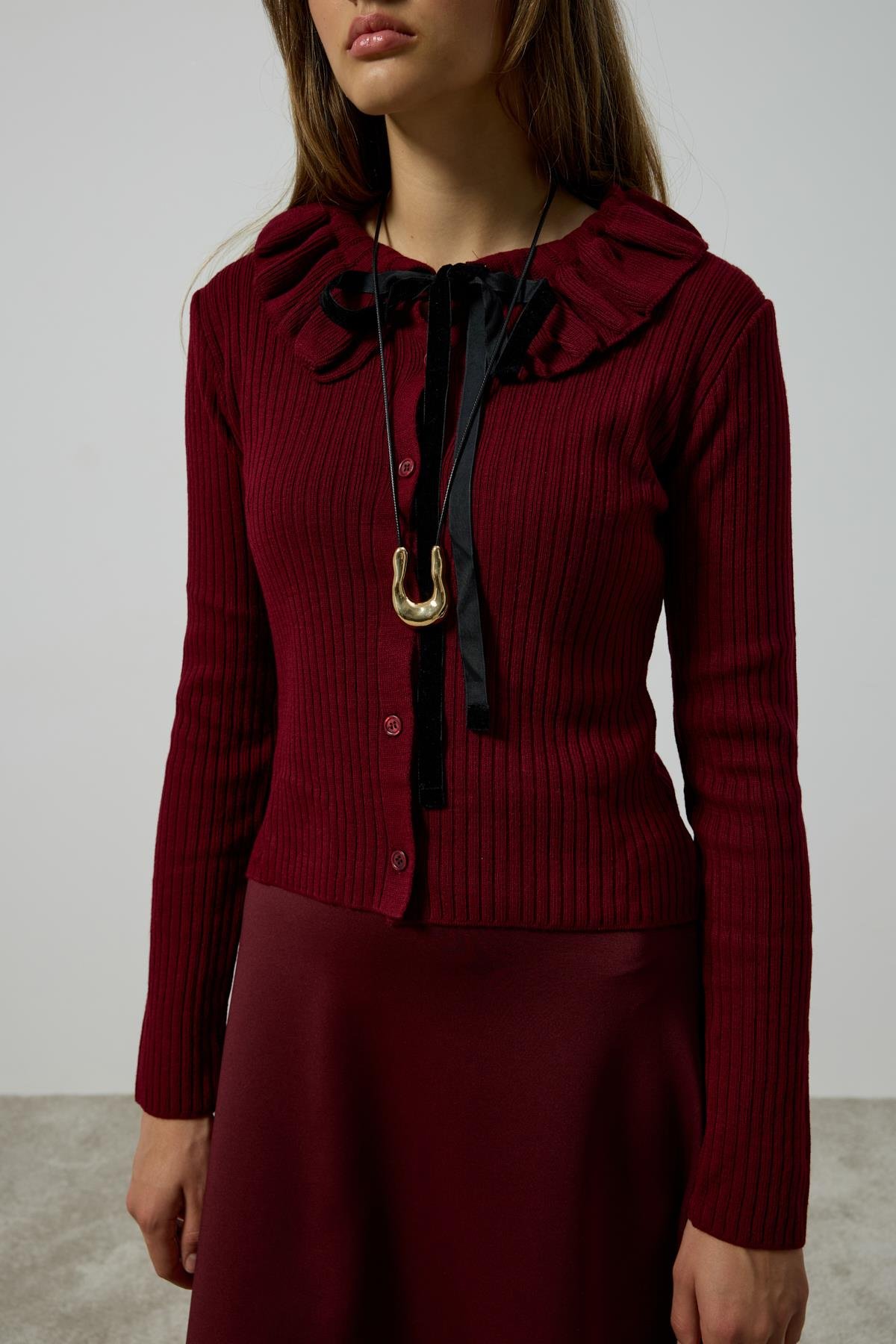 Rose Bebe Yaka Fitilli Örme Hırka - Bordo