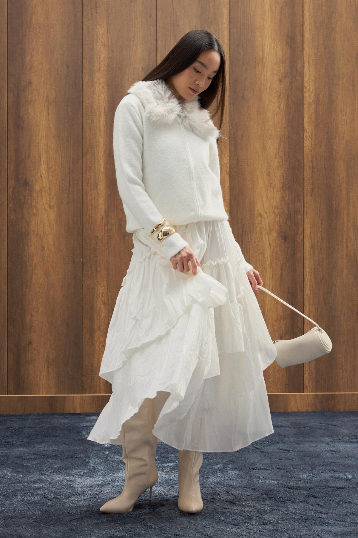 Rosewood Kürk Yaka Hırka - Ekru 