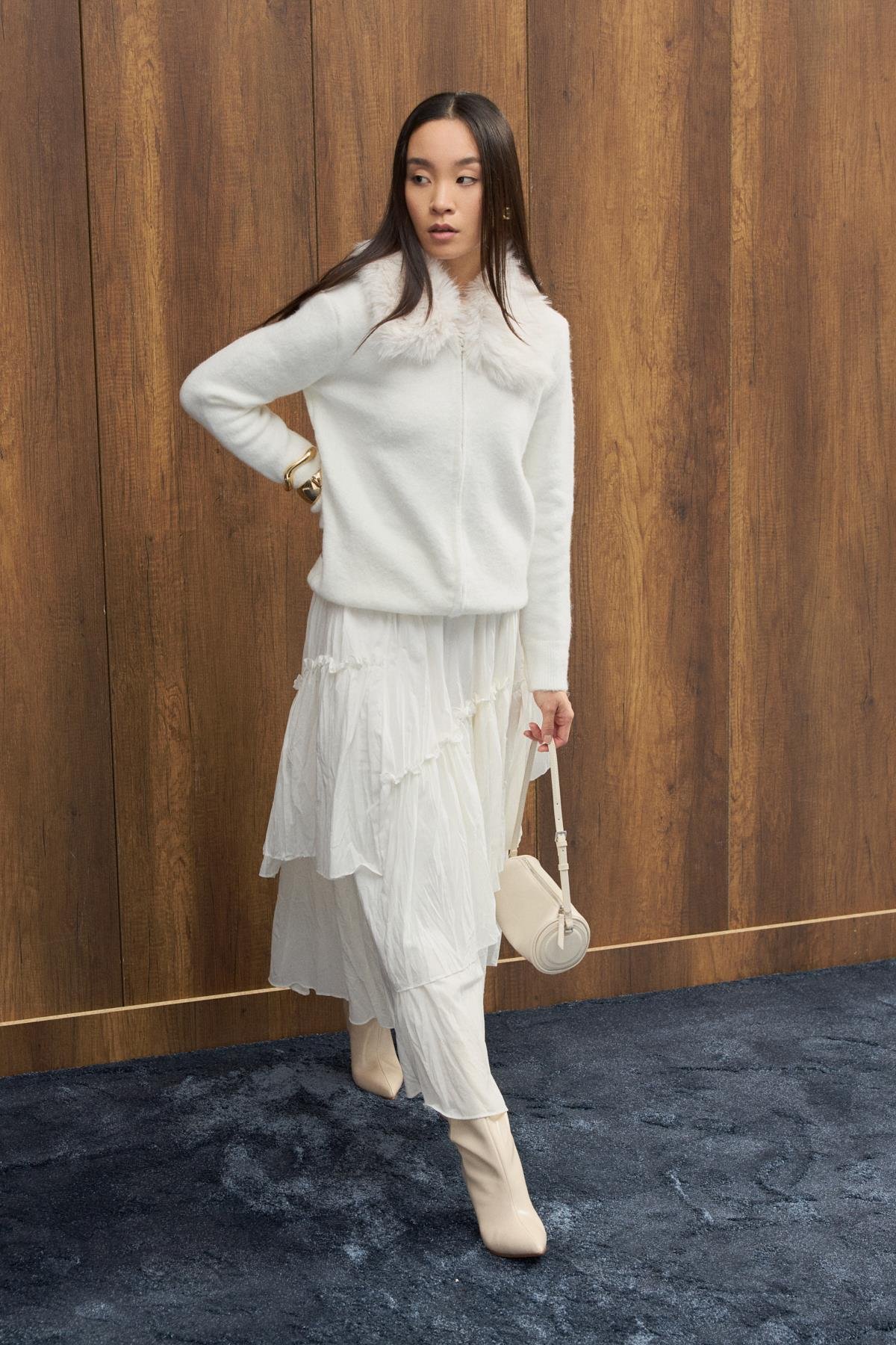 Rosewood Kürk Yaka Hırka - Ekru 