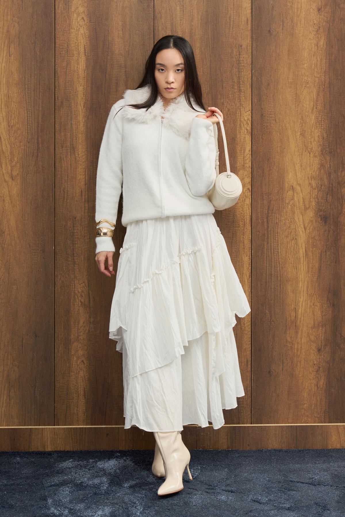 Rosewood Kürk Yaka Hırka - Ekru 