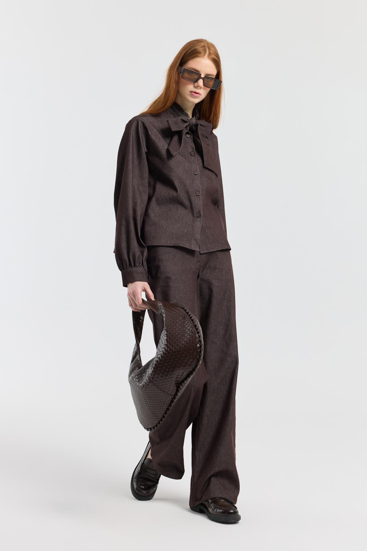 Rowan Yaka Bağlamalı Kot Takım - Bordo