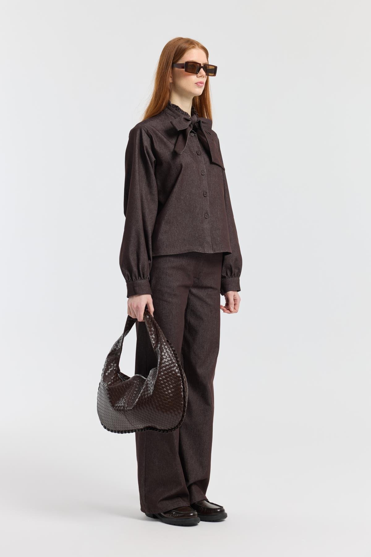 Rowan Yaka Bağlamalı Kot Takım - Bordo