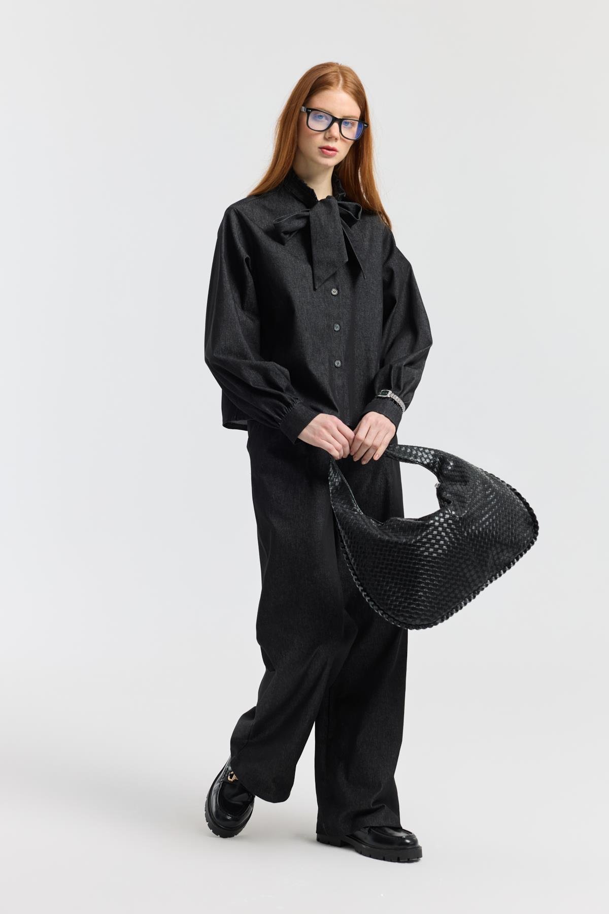 Rowan Yaka Bağlamalı Kot Takım - Siyah