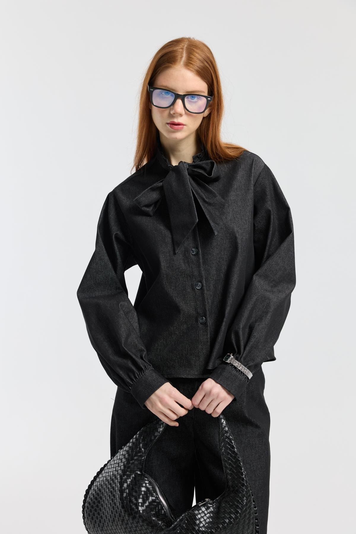 Rowan Yaka Bağlamalı Kot Takım - Siyah