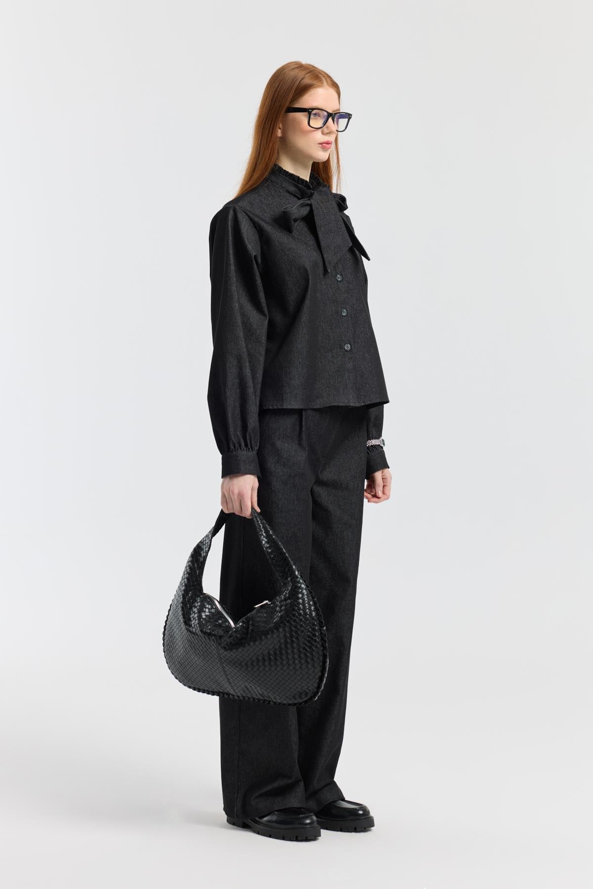 Rowan Yaka Bağlamalı Kot Takım - Siyah