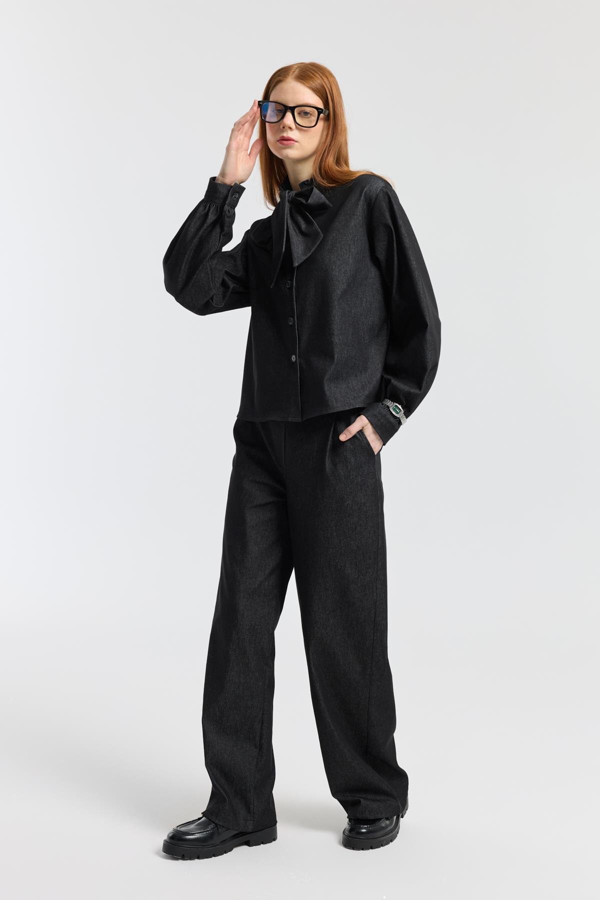 Rowan Yaka Bağlamalı Kot Takım - Siyah