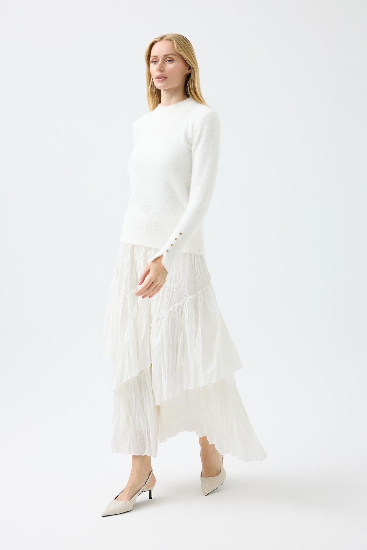 Sabrina Angora Zımbalı Kazak - Beyaz