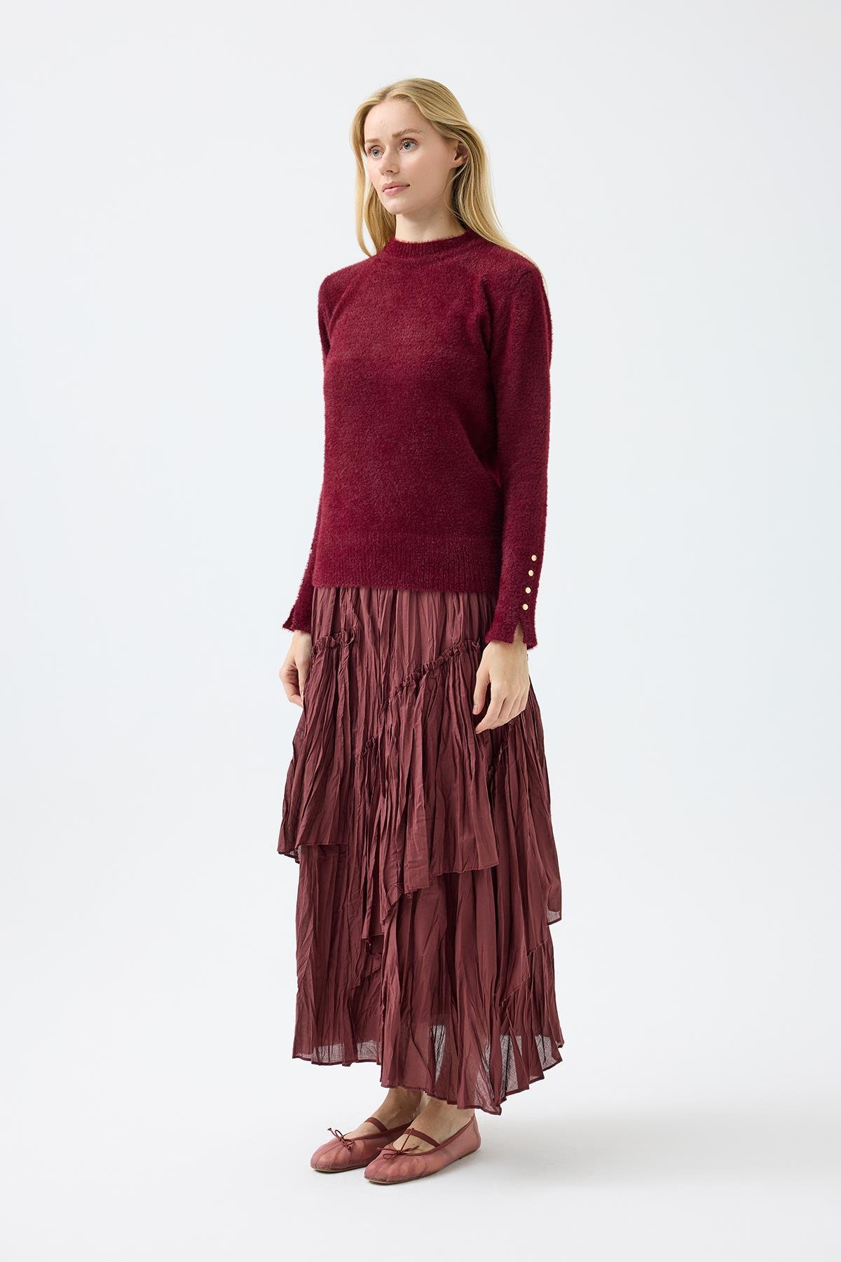 Sabrina Angora Zımbalı Kazak - Bordo 