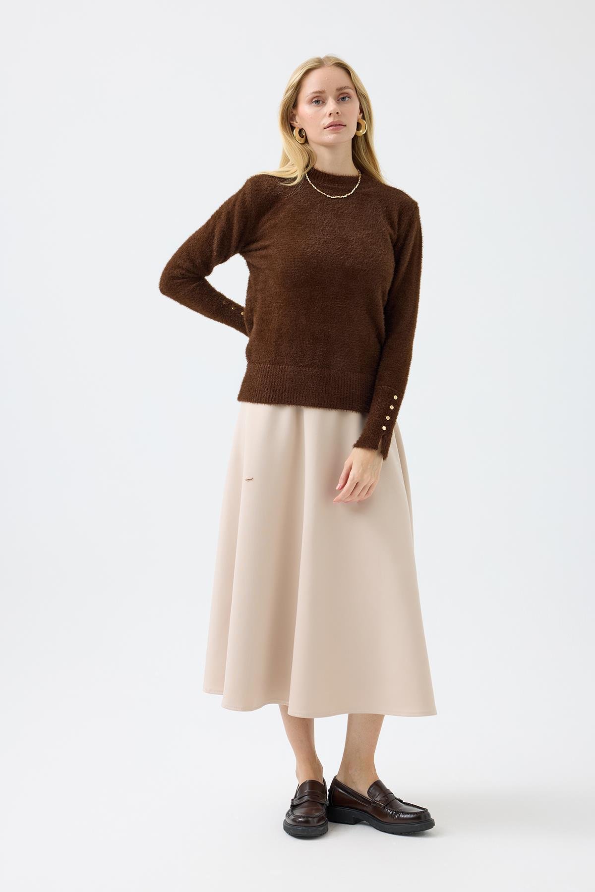 Sabrina Angora Zımbalı Kazak - Kahverengi 