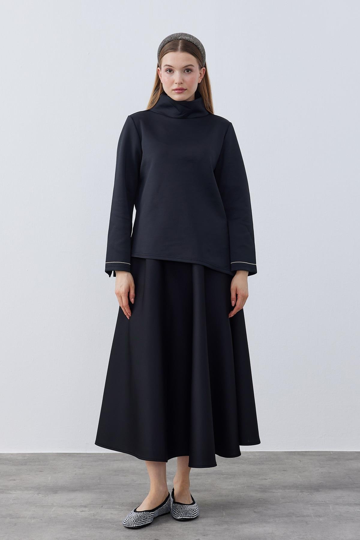 Sadie Asimetrik Skuba Bluz- Siyah