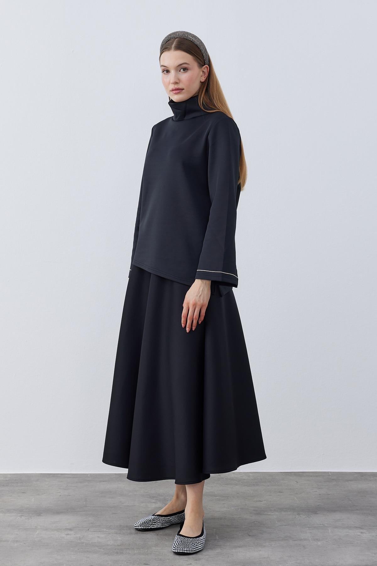 Sadie Asimetrik Skuba Bluz- Siyah