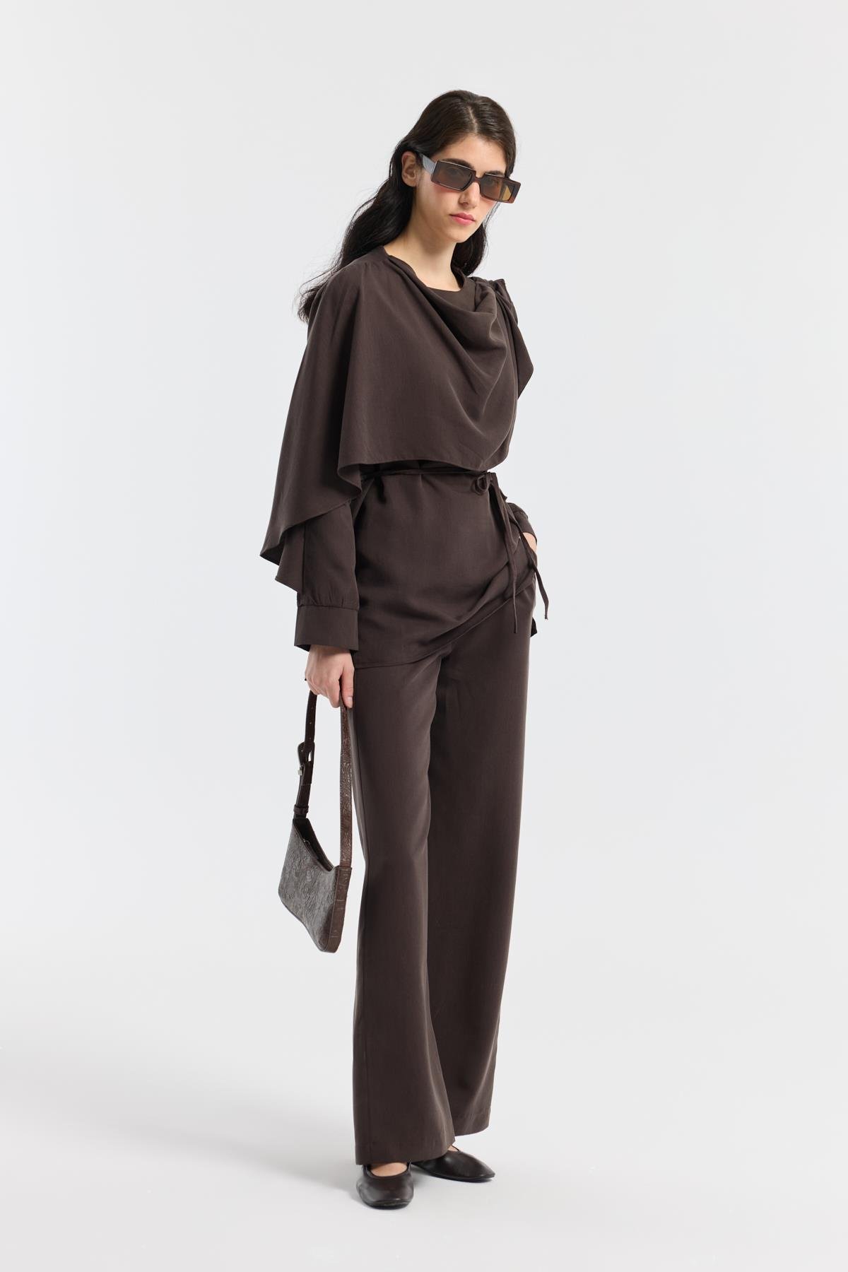 Şal Yaka Kemerli Takım - Acı kahve