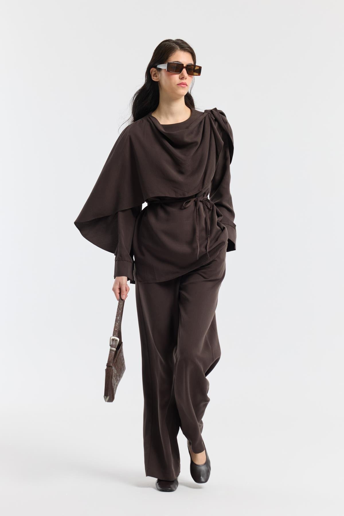 Şal Yaka Kemerli Takım - Acı kahve