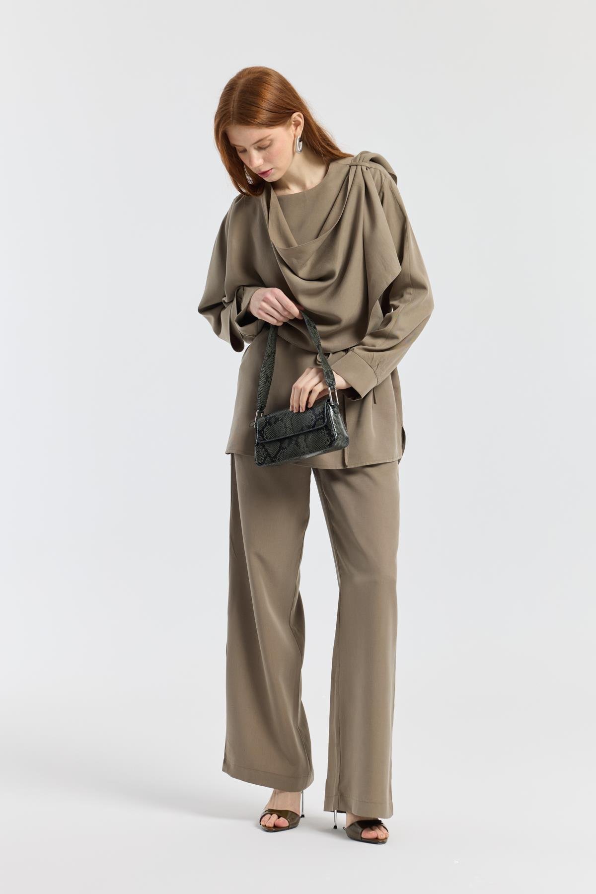 Şal Yaka Kemerli Takım - Haki