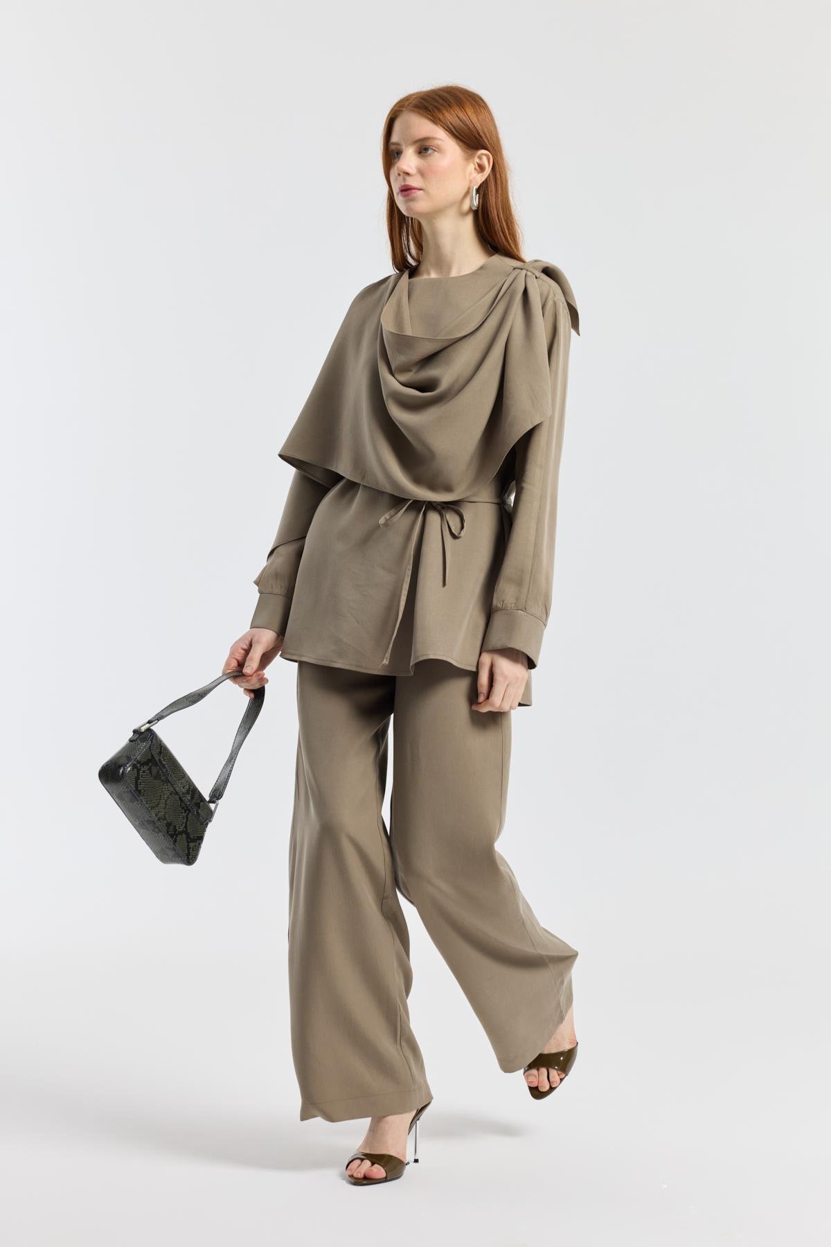 Şal Yaka Kemerli Takım - Haki