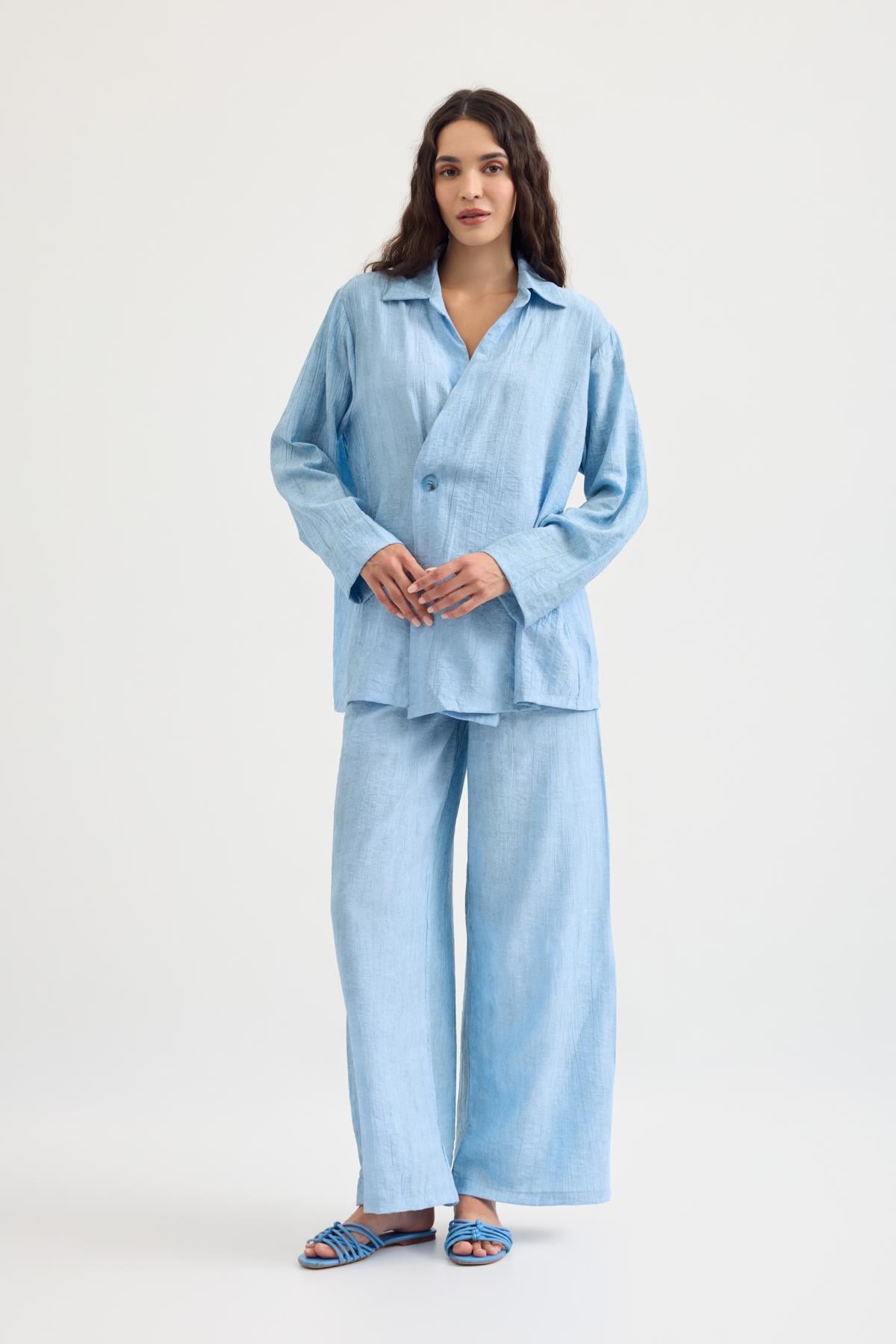 Sally Düğmeli Kimono Takım - Mavi
