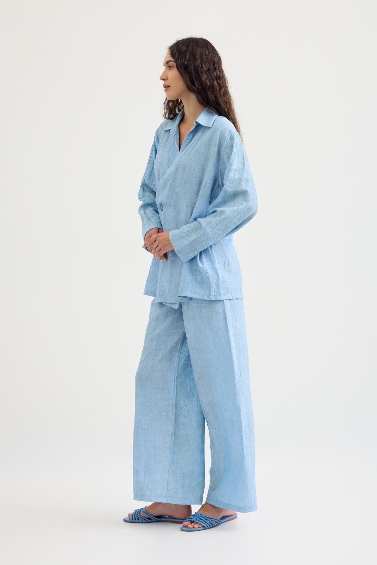 Sally Düğmeli Kimono Takım - Mavi