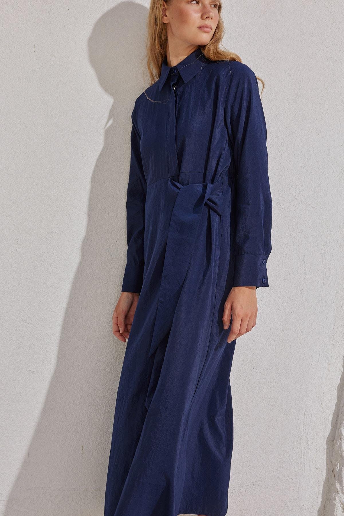 Sandy Bağlama Detaylı Tencel Elbise- Lacivert