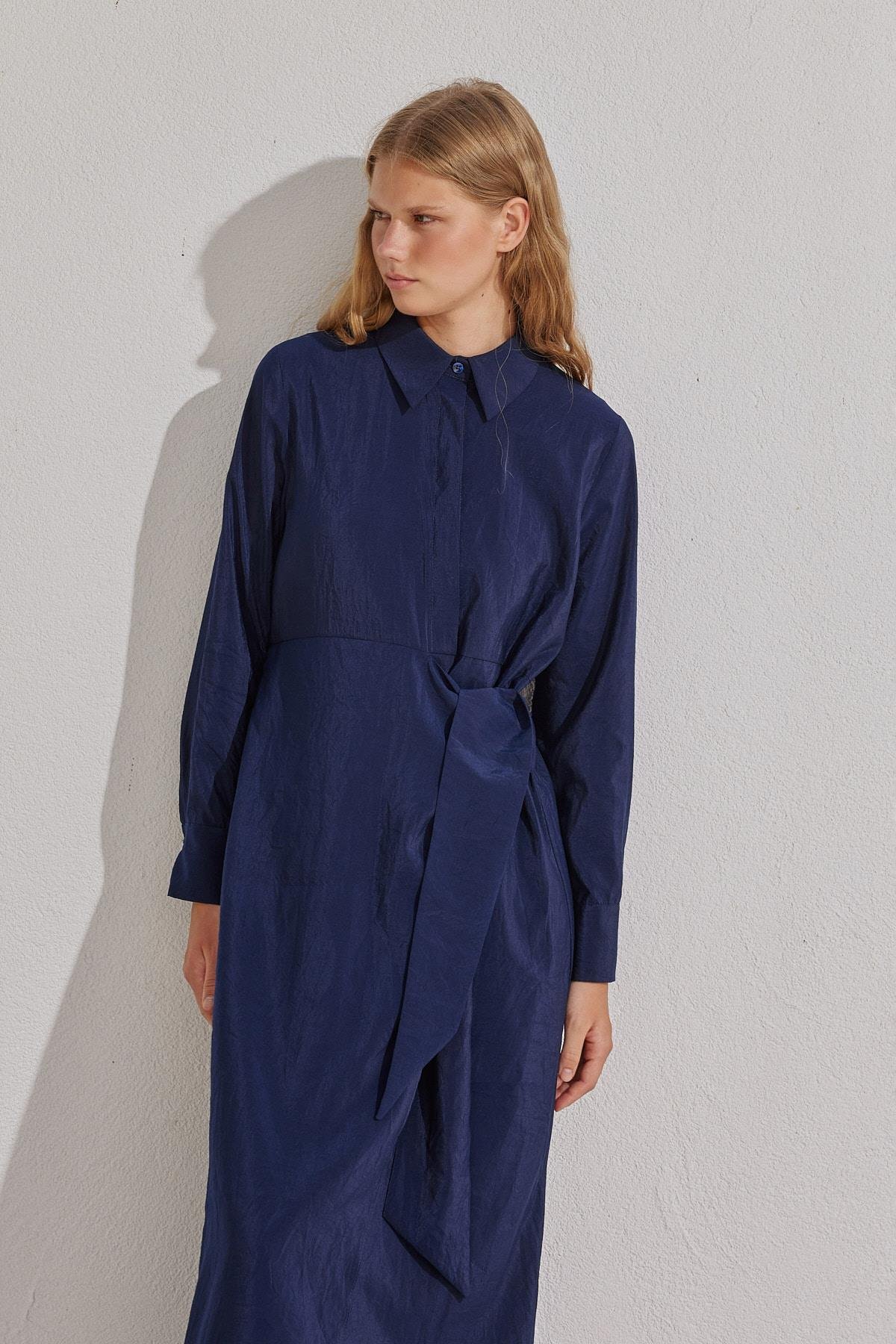 Sandy Bağlama Detaylı Tencel Elbise- Lacivert