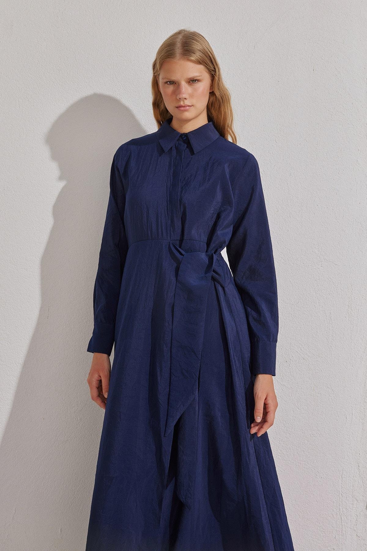 Sandy Bağlama Detaylı Tencel Elbise- Lacivert