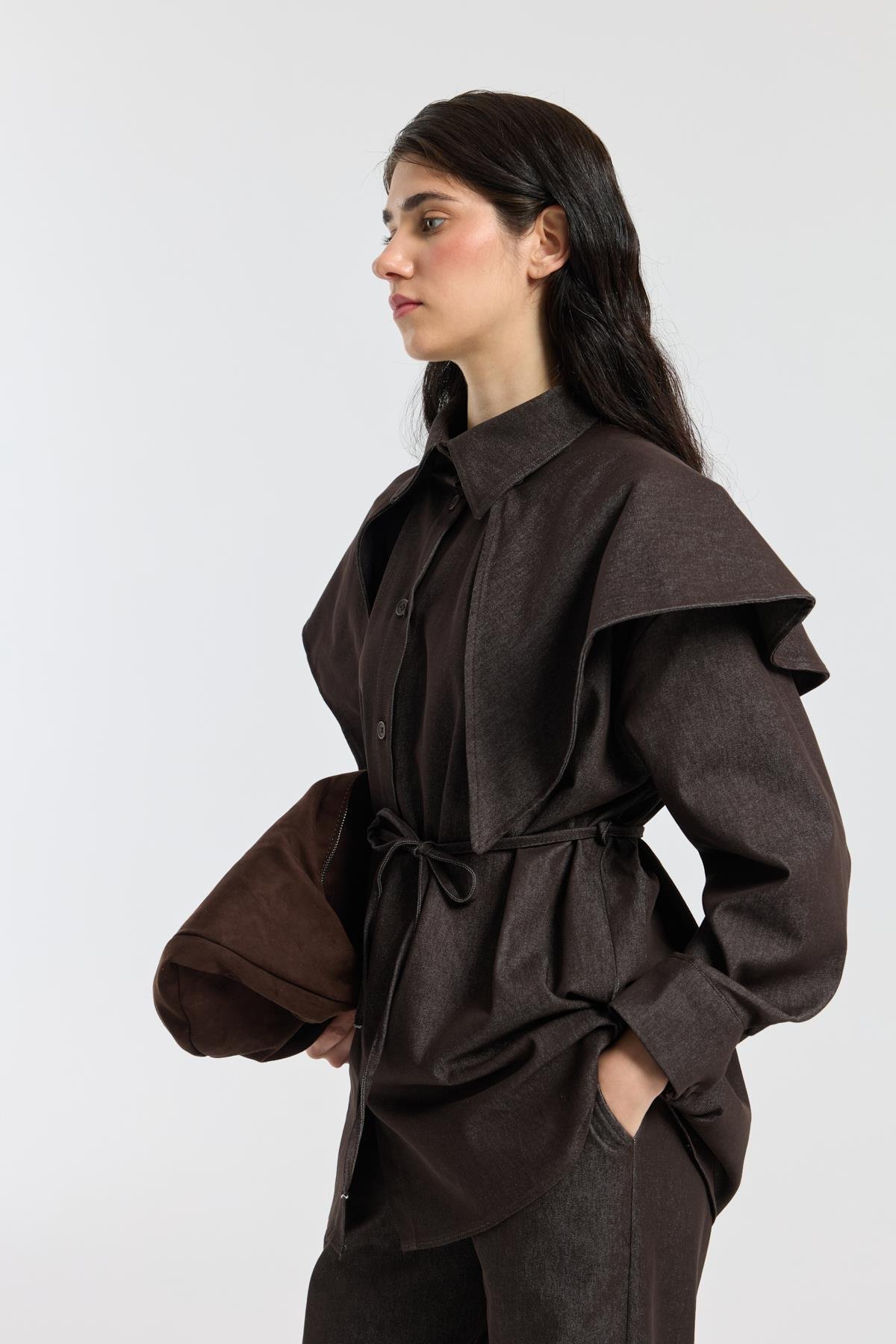 Sara Seyyar Yaka Detaylı Kot Takım - Acı kahve