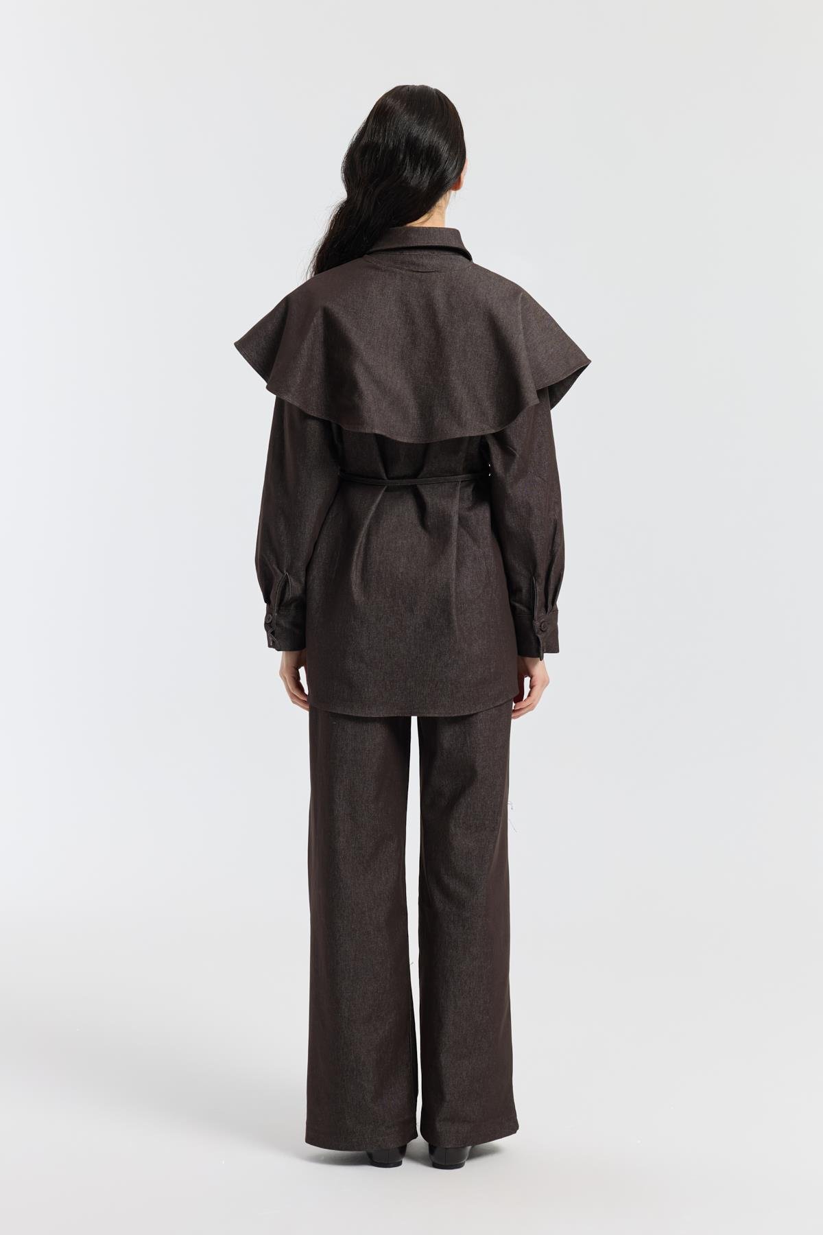 Sara Seyyar Yaka Detaylı Kot Takım - Acı kahve