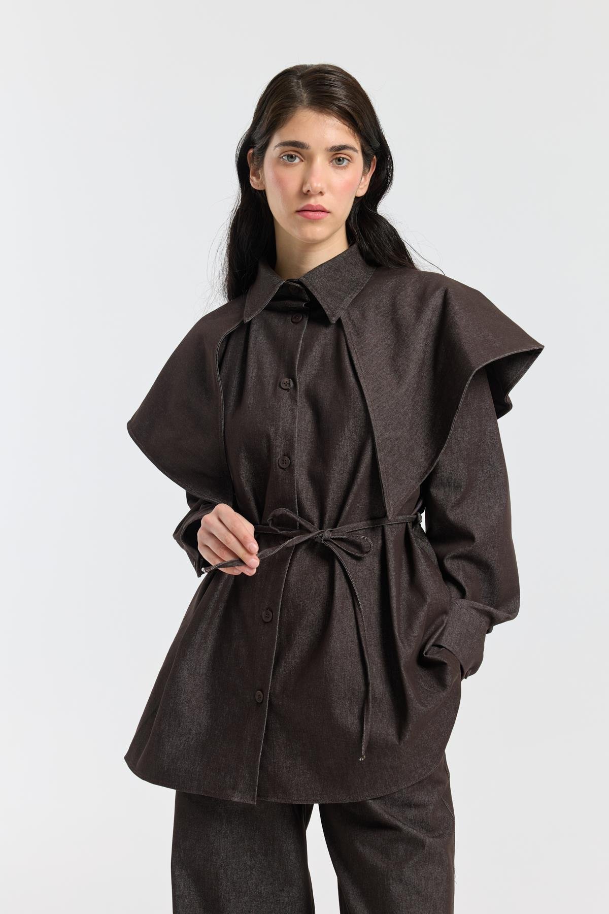 Sara Seyyar Yaka Detaylı Kot Takım - Acı kahve