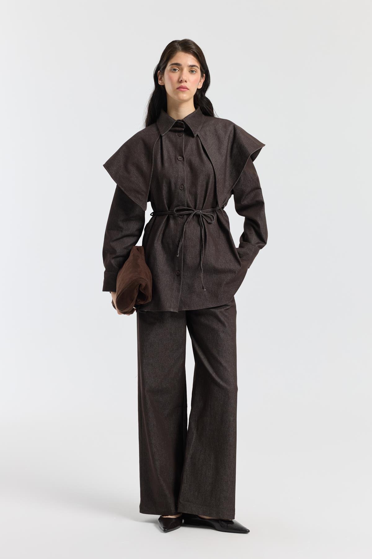 Sara Seyyar Yaka Detaylı Kot Takım - Acı kahve