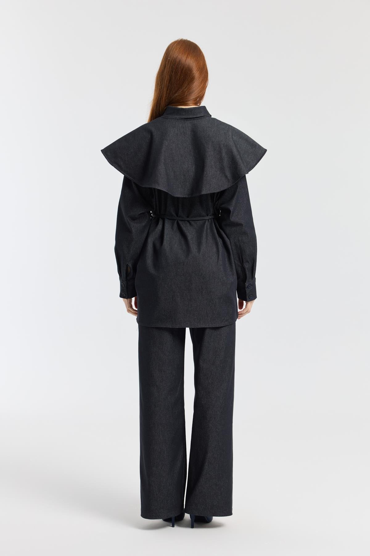 Sara Seyyar Yaka Detaylı Kot Takım - Denim mavi