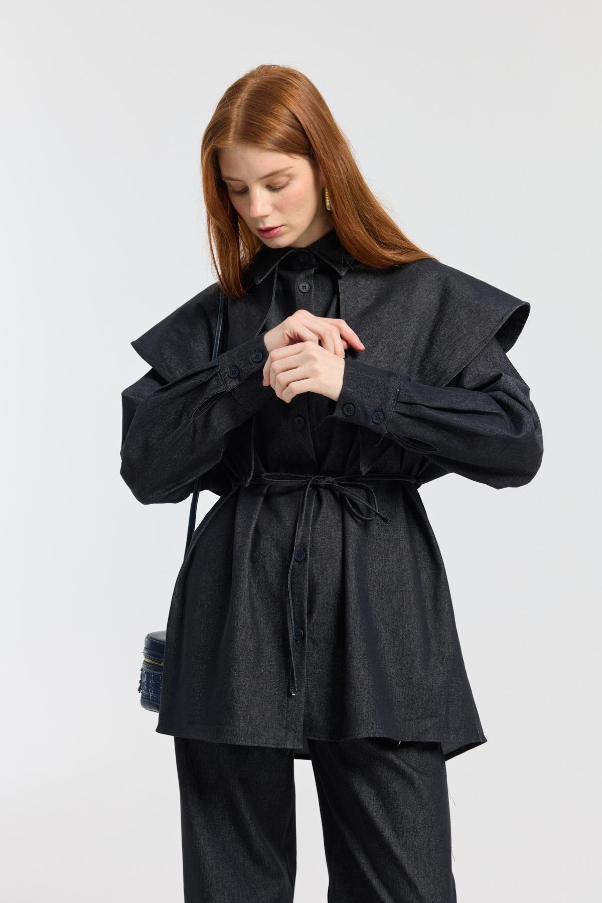 Sara Seyyar Yaka Detaylı Kot Takım - Denim mavi