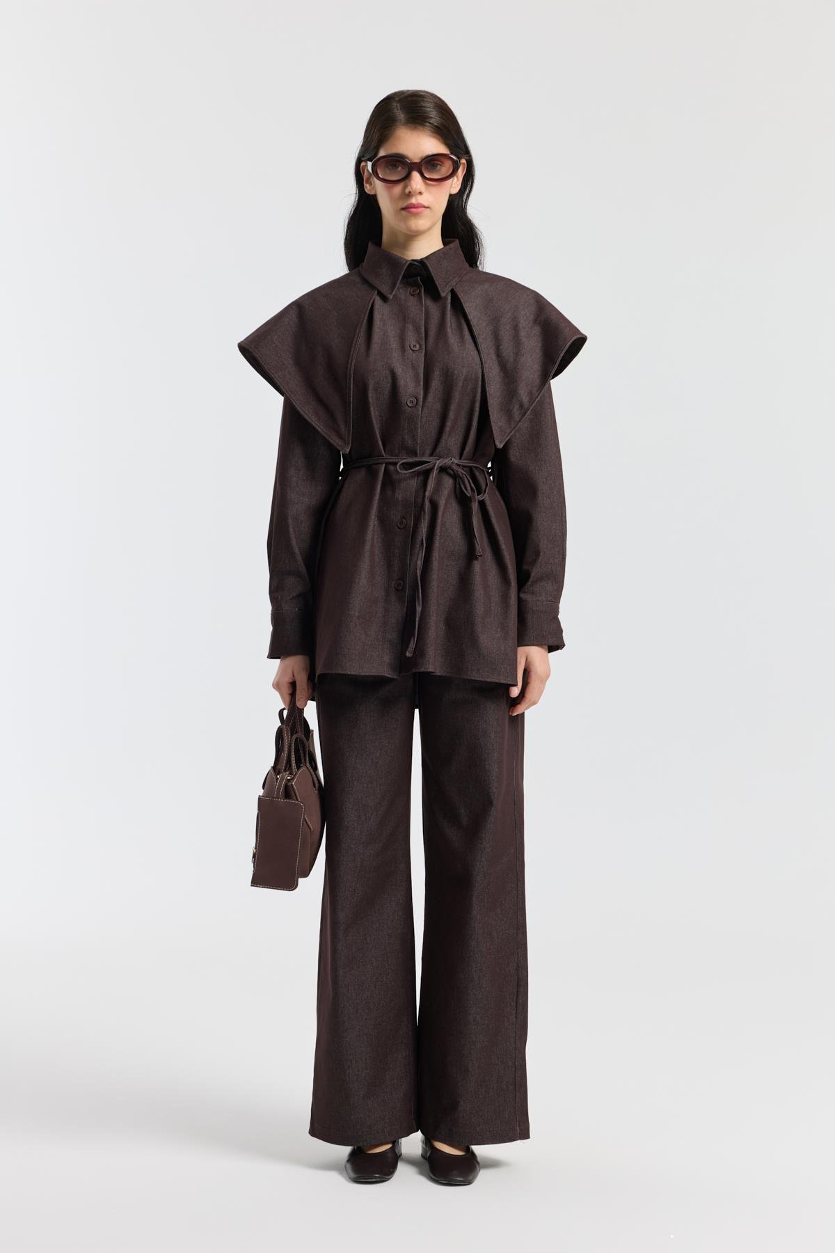 Sara Seyyar Yaka Detaylı Kot Takım - Mürdüm 