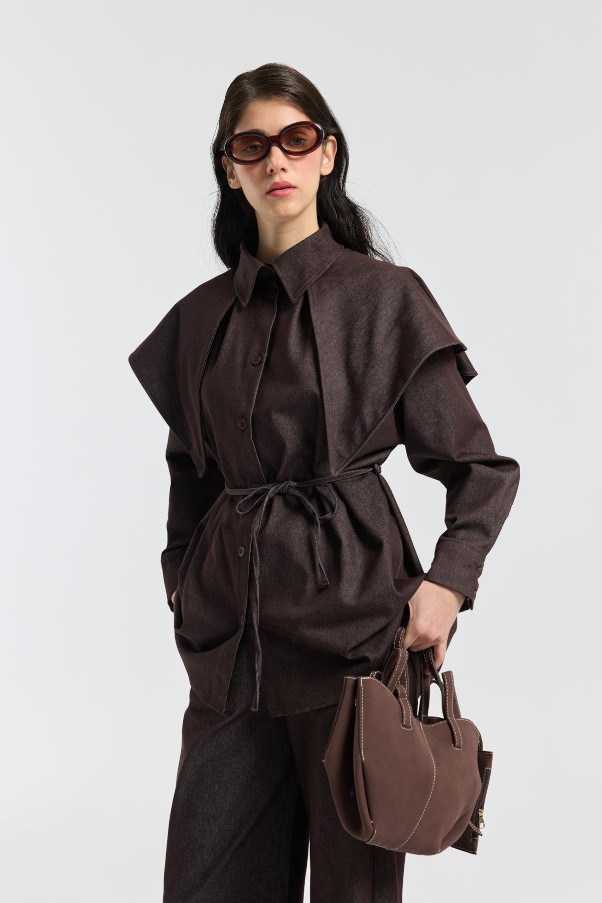 Sara Seyyar Yaka Detaylı Kot Takım - Mürdüm 