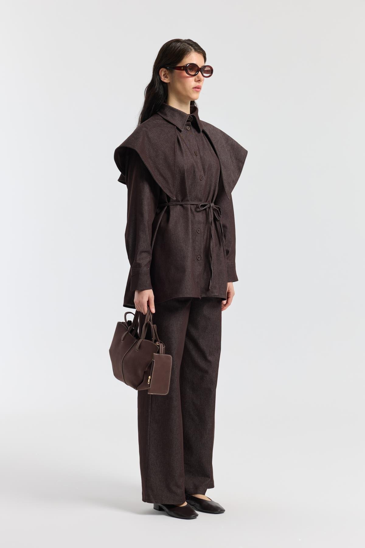 Sara Seyyar Yaka Detaylı Kot Takım - Mürdüm 