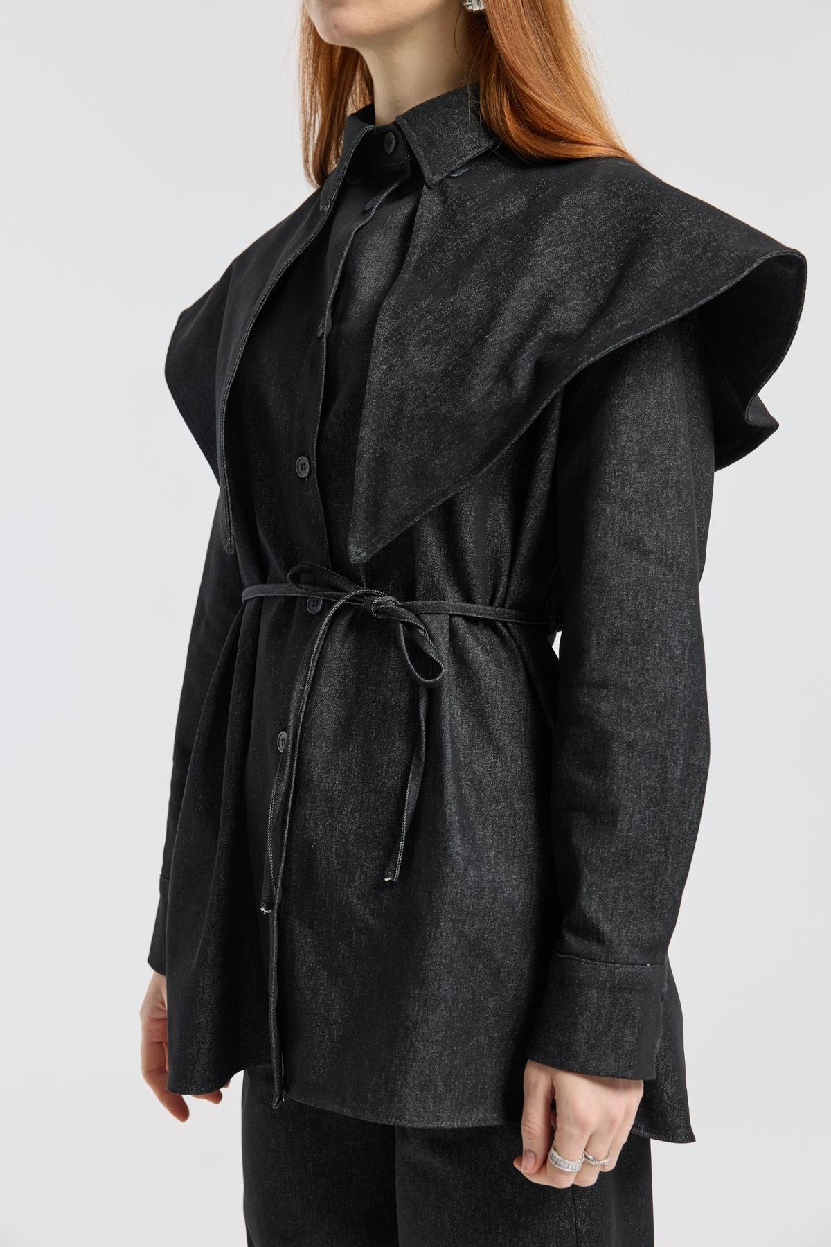 Sara Seyyar Yaka Detaylı Kot Takım - Siyah