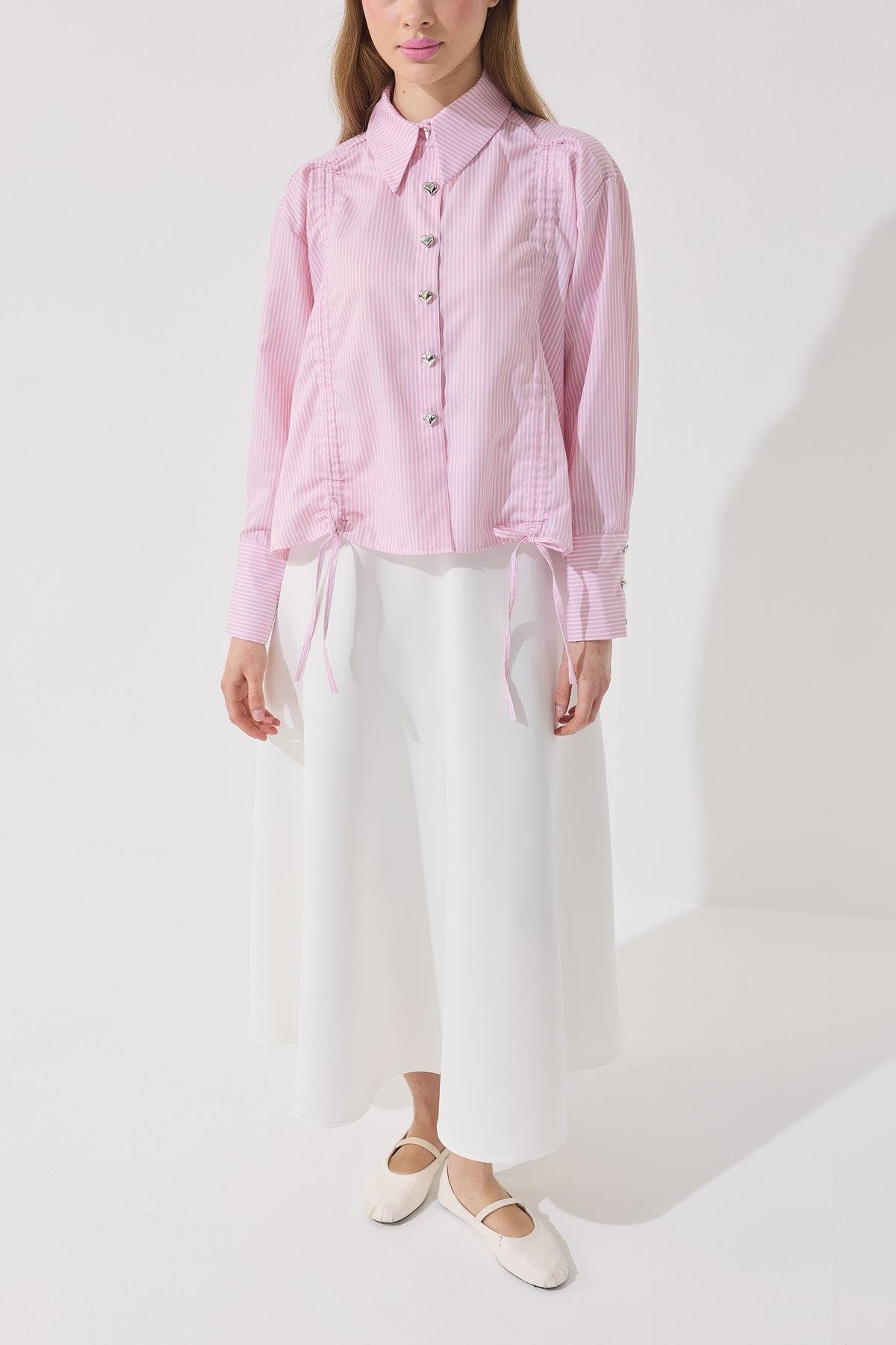 Selena Kalp Düğmeli Büzgülü Gömlek- Pembe