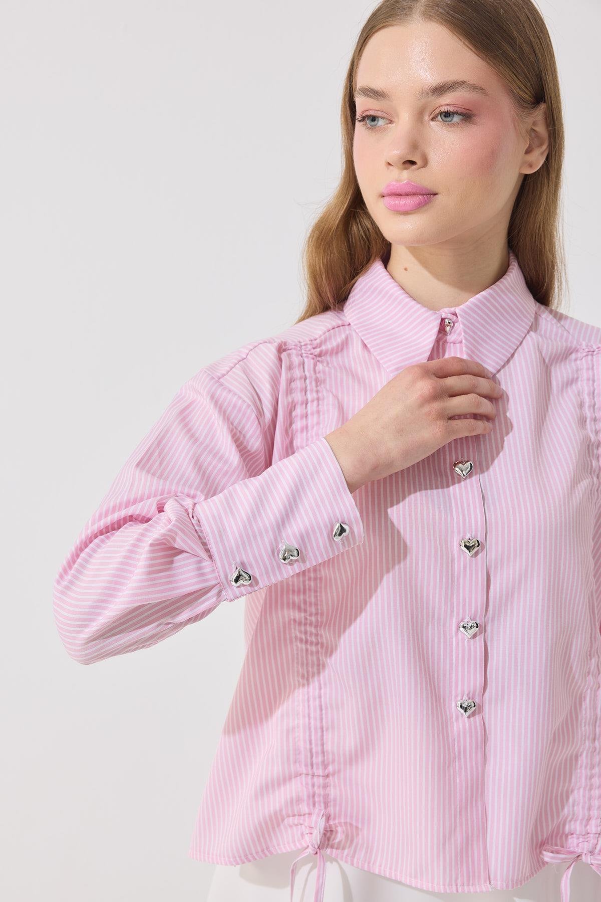 Selena Kalp Düğmeli Büzgülü Gömlek- Pembe