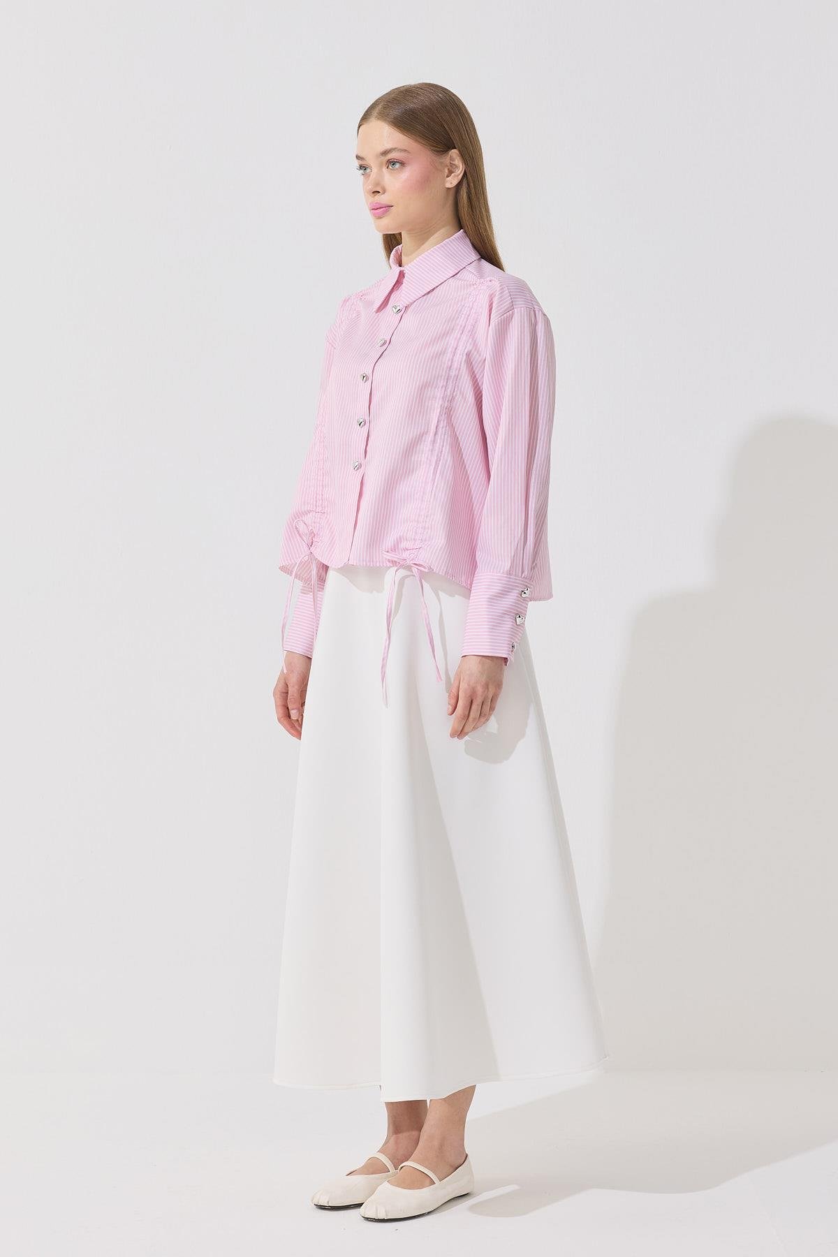 Selena Kalp Düğmeli Büzgülü Gömlek- Pembe