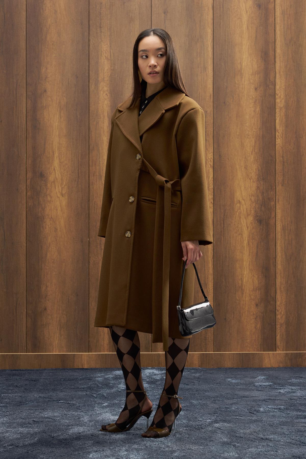 Serande Yandan Bağlamalı Kaşe Kaban - Haki 