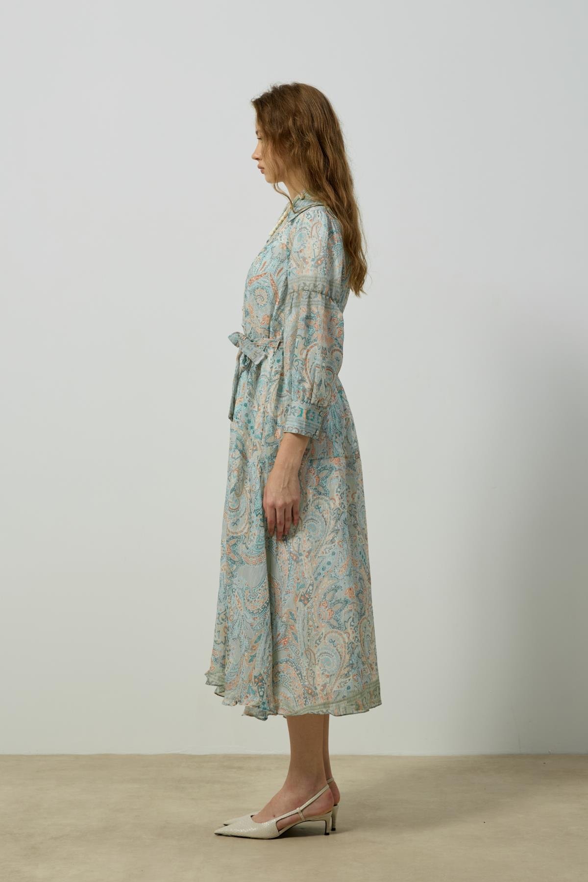 Seraphine Britt Düğmeli Desenli Elbise - Mint Yeşil