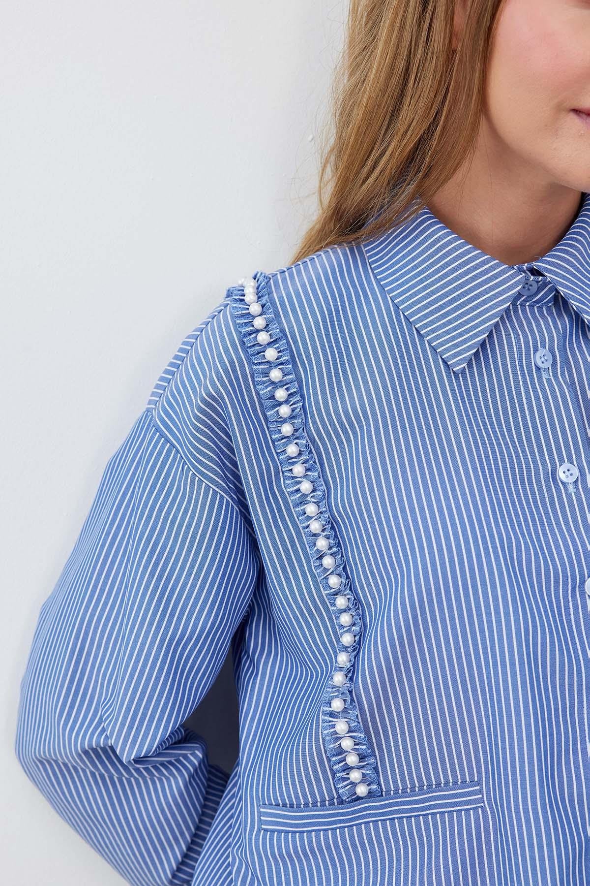 SERENA CEP DETAYLI İNCİ NAKIŞLI GÖMLEK - LACİVERT