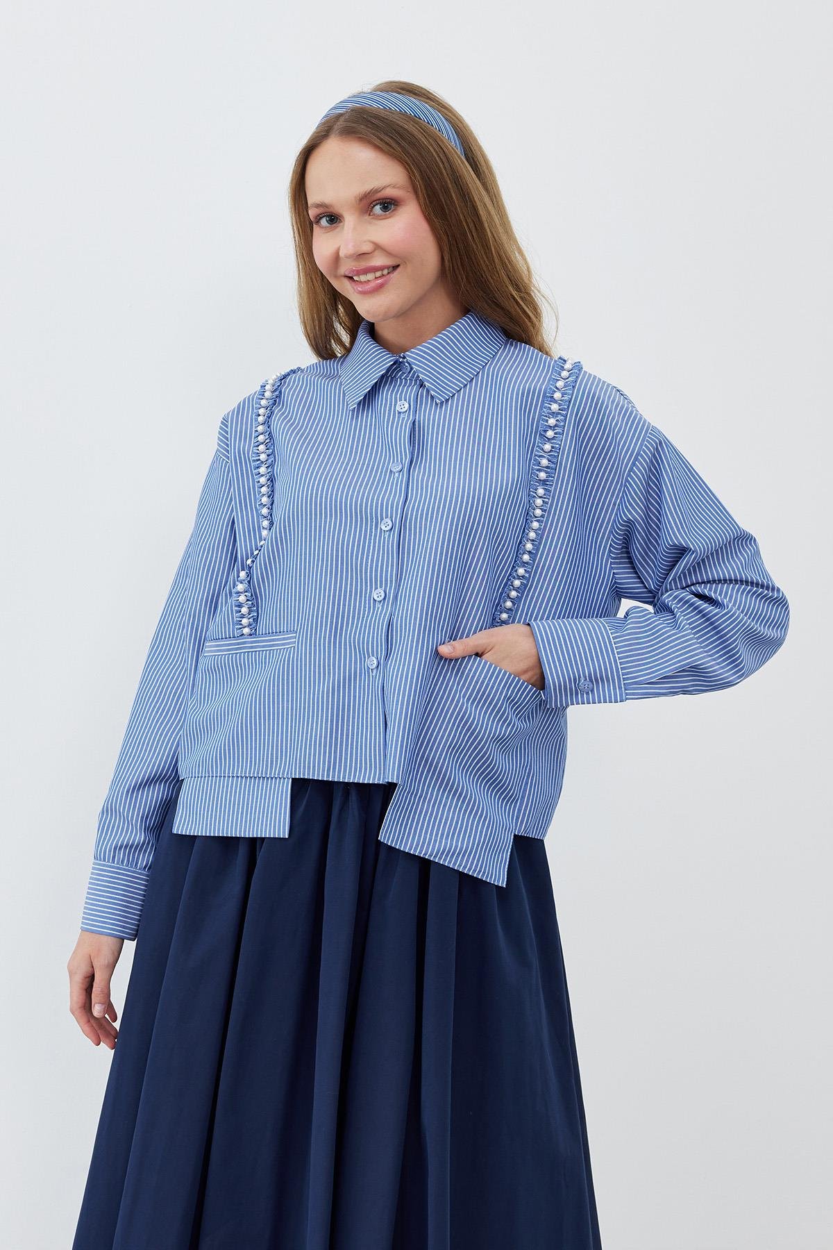 SERENA CEP DETAYLI İNCİ NAKIŞLI GÖMLEK - LACİVERT