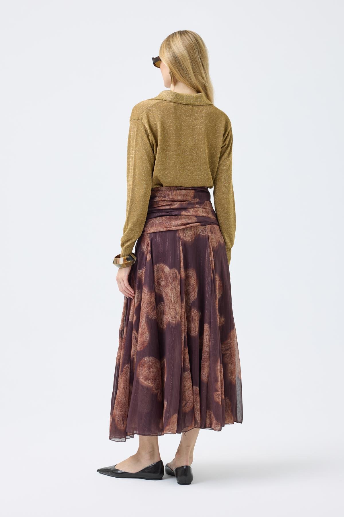 Shadow Drapeli Volanlı Şifon Etek - Kahverengi