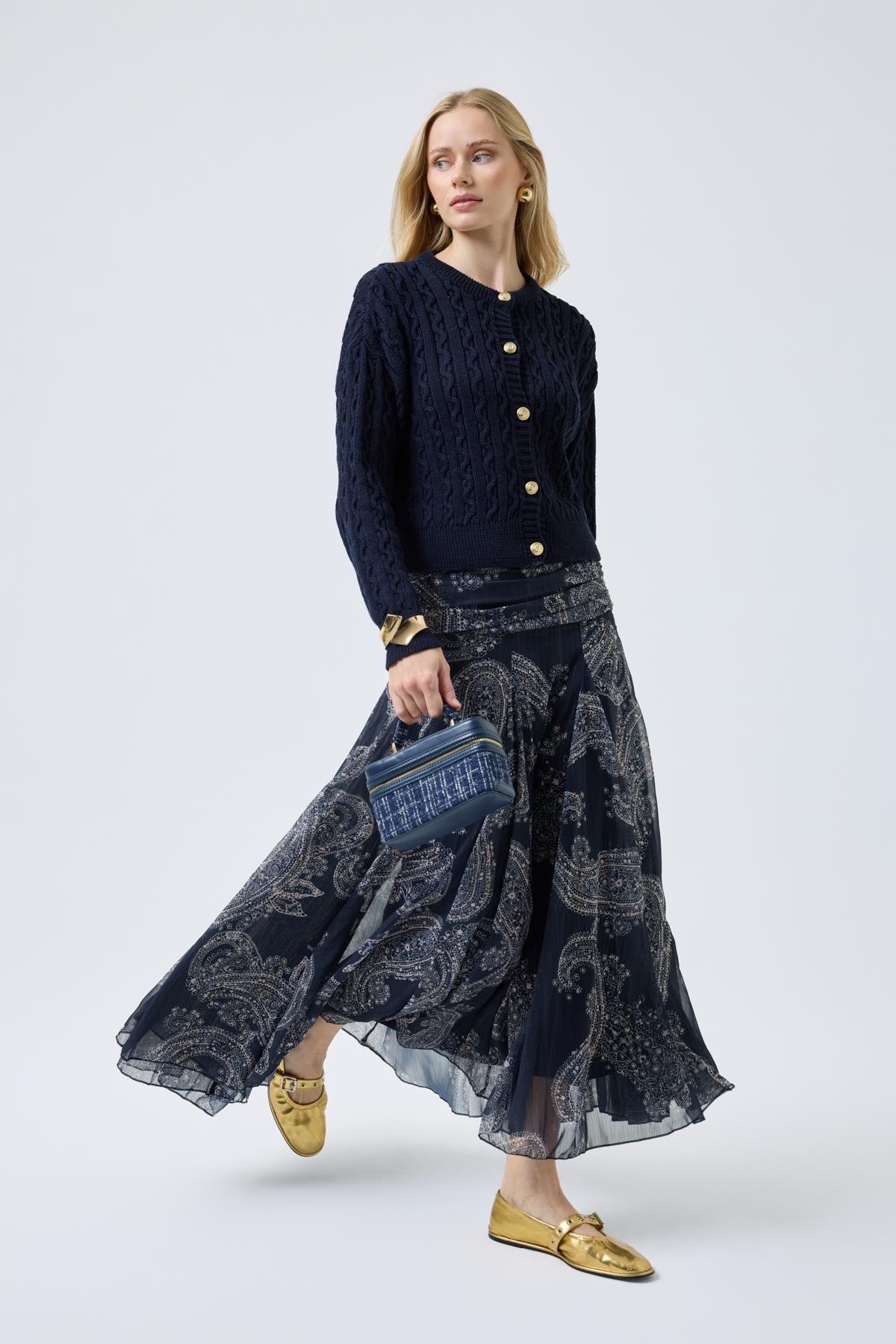 Shadow Drapeli Volanlı Şifon Etek  - Lacivert